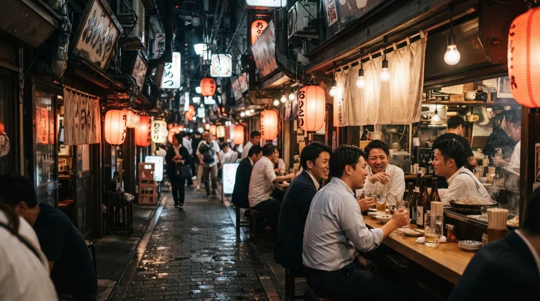 the lantern-lit Ohatsu Tenjin Ura-Sando back lanes at night, narrow izakaya fronts, glowing signs and small groups gathered at counters