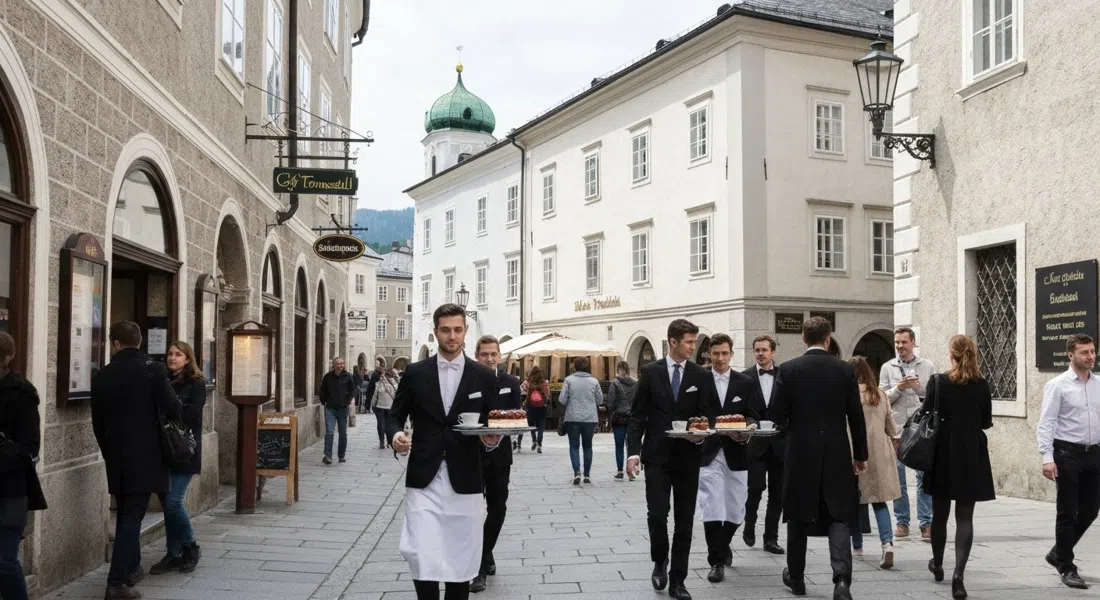 Café Tomaselli on Alter Markt with tuxedoed waiters carrying a coffee tray and cakes in the afternoon light