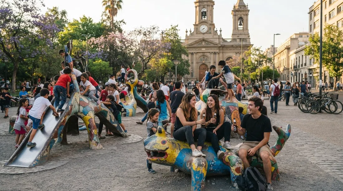 Plaza Brasil in Santiago at late afternoon, Federica Matta’s 22 brightly painted play-sculptures crowded by children and students with beer bottles