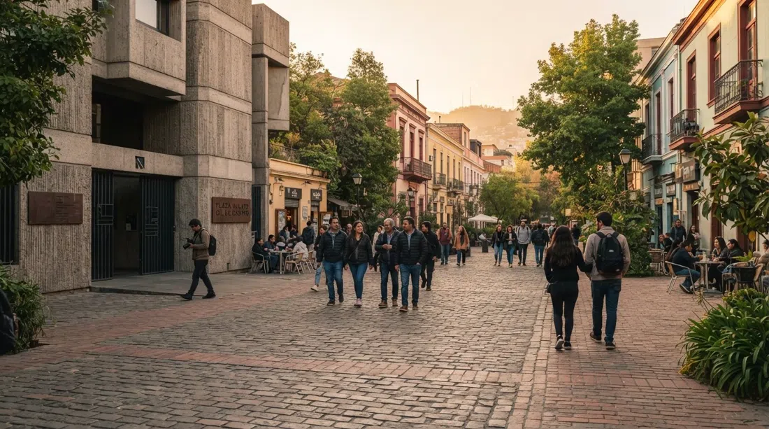 Plaza Mulato Gil de Castro in Barrio Lastarria, with the Museo de Artes Visuales concrete facade and a small brick square animated by pedestrians in late-afternoon light