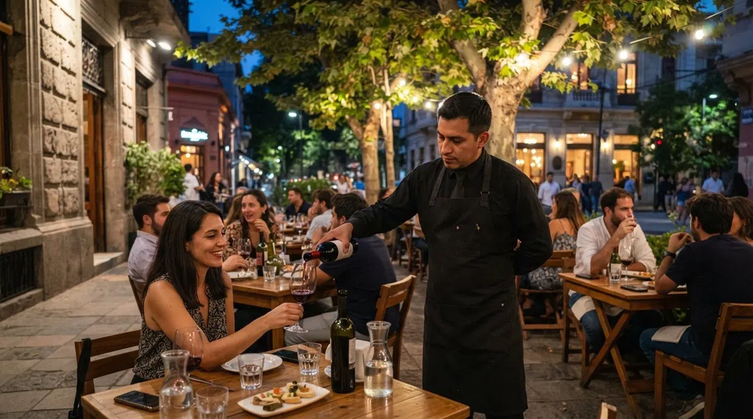 Bocanáriz on José Victorino Lastarria, terrace tables under plane trees with wine glasses, bottles and a sommelier pouring Chilean reds at dusk