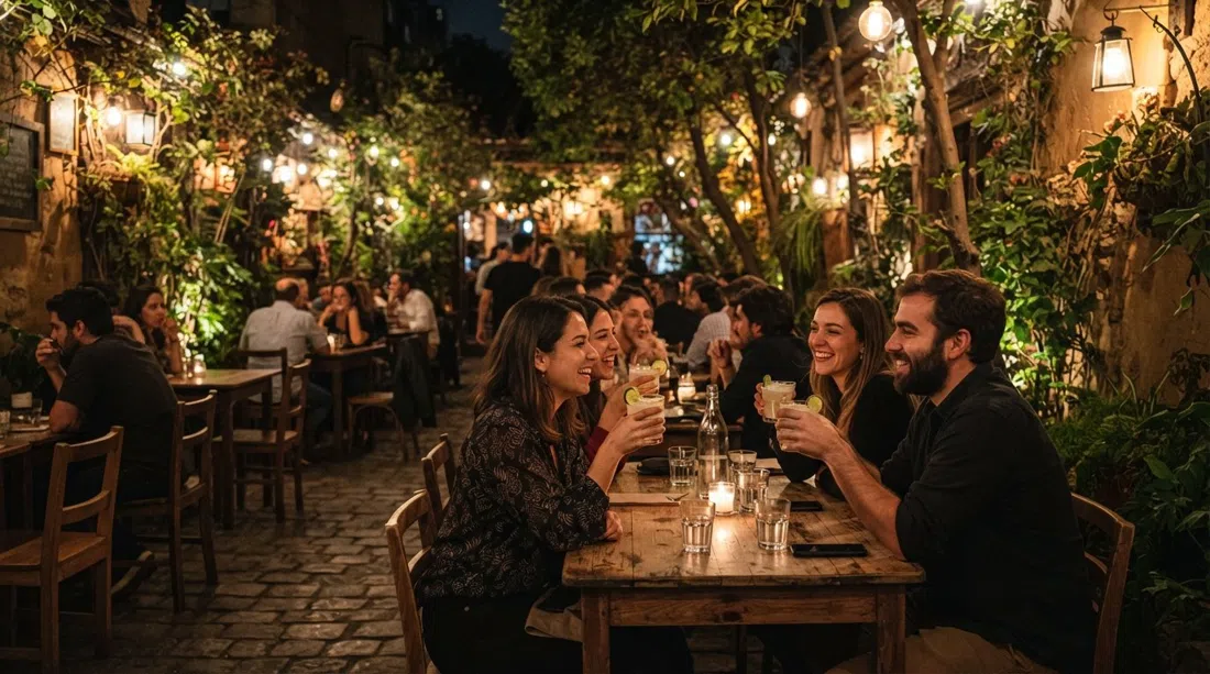 Chipe Libre's leafy back patio on José Victorino Lastarria at night, pisco sour glasses on tables under warm terrace lights