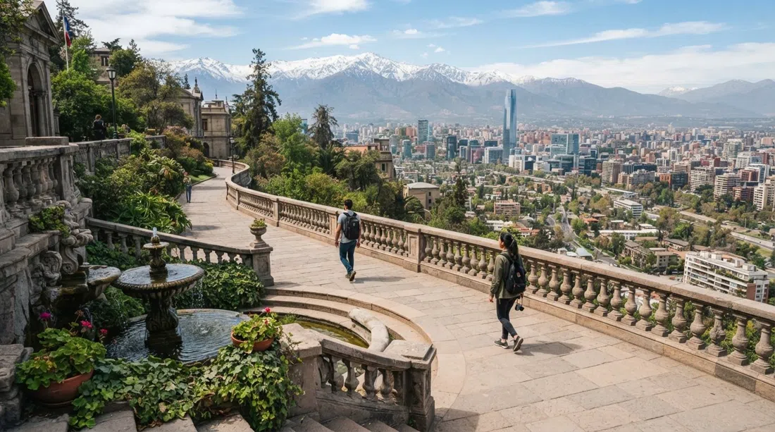 Cerro Santa Lucía seen from a terraced path, with fountains, stone balustrades and the city spreading out toward the Andes in clear daylight