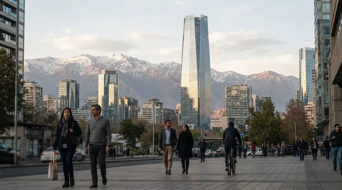 the Titanium La Portada tower and surrounding Sanhattan skyline at late afternoon, glass facades reflecting pale Andean light