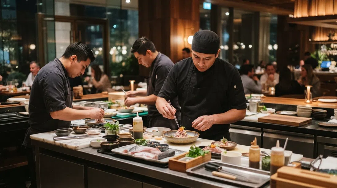 the counter at Karai by Mitsuharu inside the W Santiago, chefs plating Nikkei dishes under warm restaurant lighting