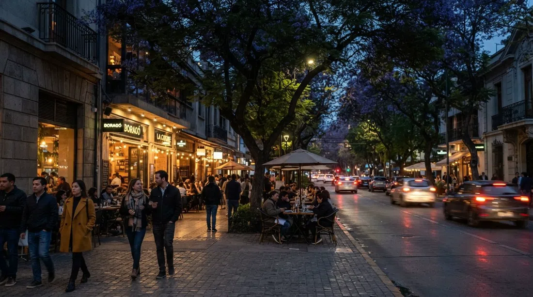 jacaranda-shaded Isidora Goyenechea street in El Golf, with lit restaurant fronts and evening pedestrians
