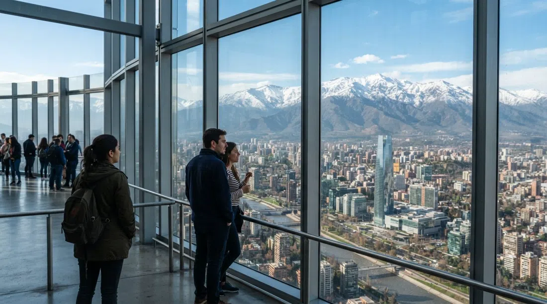 the Sky Costanera observation deck high above Santiago, Andes visible through glass on a clear post-rain afternoon