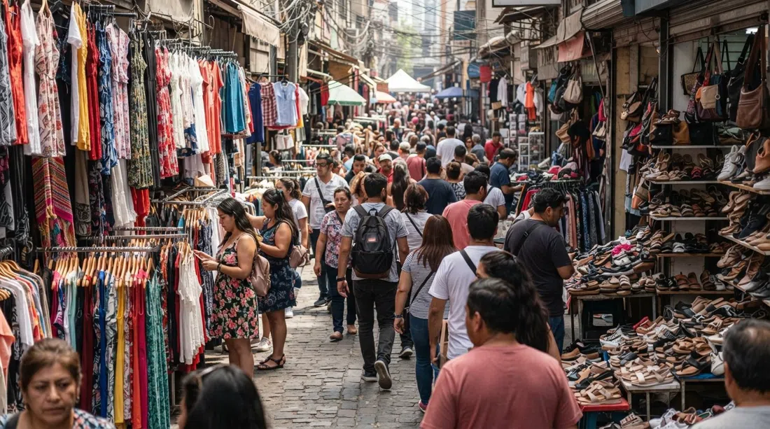 Calle Patronato in Santiago packed shoulder-to-shoulder with clothing racks, hanging dresses and bargain shoes under harsh midday light