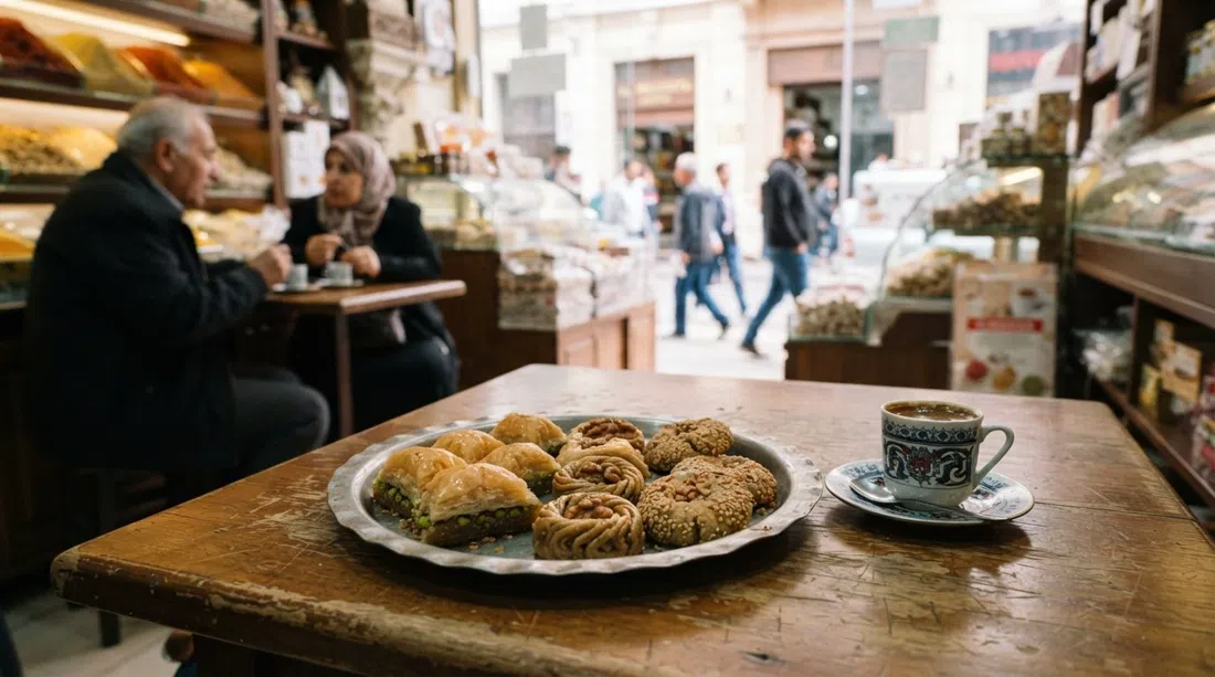 a tray of baklava, borma and sesame cookies at Al Mustafa on Río de Janeiro 405 beside a small cup of cardamom coffee