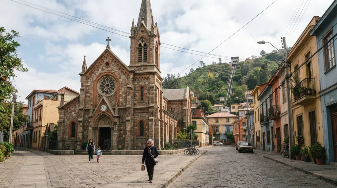the façade and street frontage of Parroquia de Santa Filomena on a quiet block, with the historic church framed by the surrounding neighbourhood