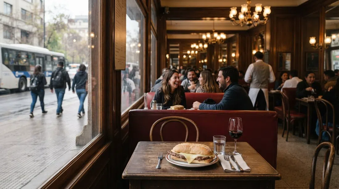 Confitería Torres on the Alameda in Santiago Centro, red-leather banquettes and chandeliers visible through the window with a Barros Luco sandwich on the table