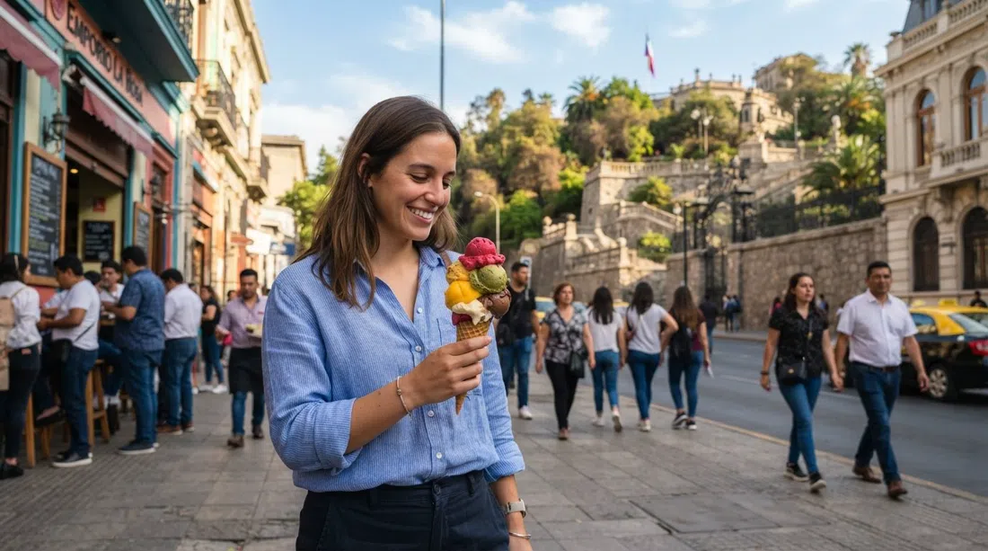 Emporio La Rosa near Cerro Santa Lucía with colorful ice cream scoops in a cone, afternoon light and the city street behind