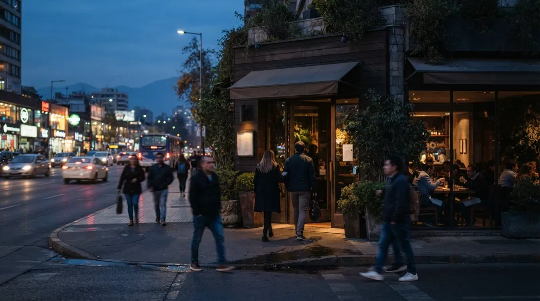Boragó on Avenida Nueva Costanera at dusk, its discreet frontage framed by the restaurant strip and evening traffic outside
