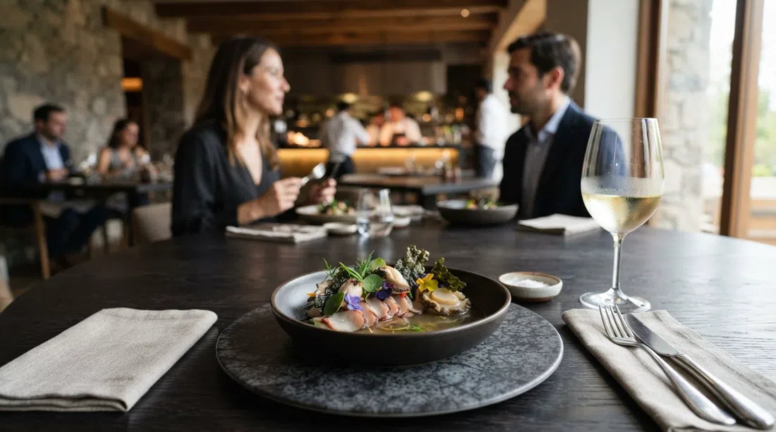 a composed tasting-menu course at Boragó, native Chilean ingredients plated with precise fine-dining restraint on a dark table