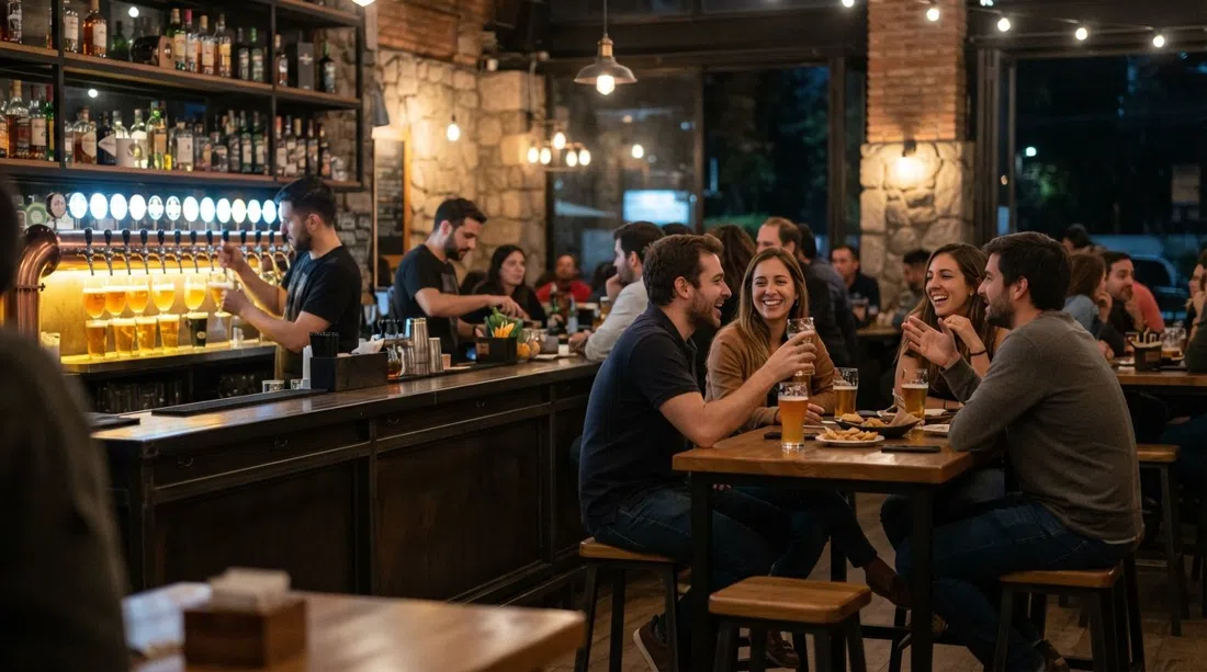 Krossbar inside BordeRío at night, rows of beer taps glowing behind the bar and relaxed diners at high tables