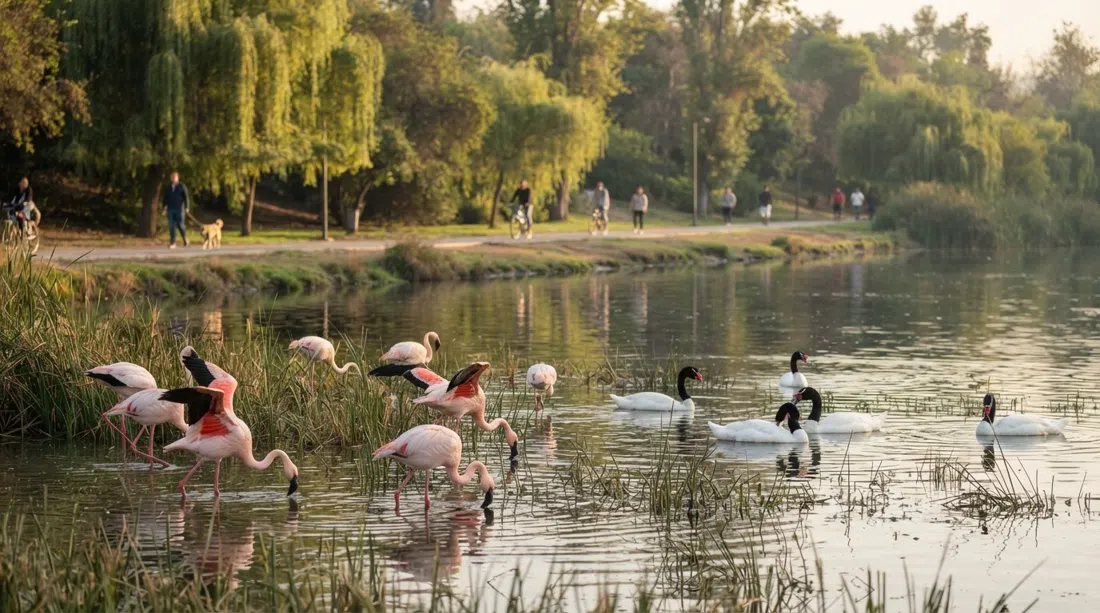 flamingos and black-necked swans on the lagoons of Parque Bicentenario in soft morning light, with the Mapocho-side paths and trees behind them