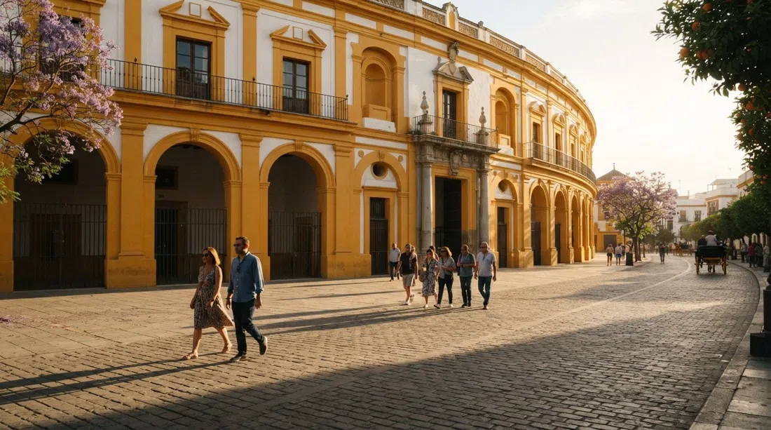 the yellow-and-white facade of Plaza de Toros de la Real Maestranza in afternoon light, with the arena’s curved outer wall and long shadows across the pavement