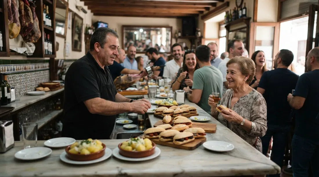 Bodeguita Romero on Calle Harinas, a busy family tapas bar interior with plates of papas aliñás and pringá montaditos on a marble counter