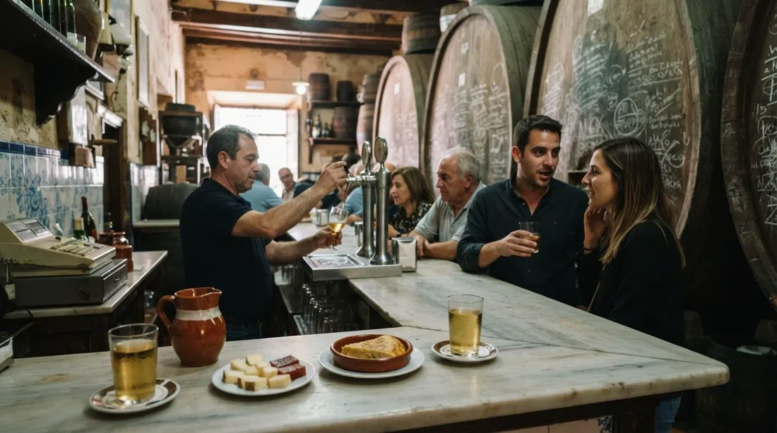 Casa Morales back room with giant cement wine vats chalked with the menu, a marble counter in front, and small plates of cheese and tortilla beside glasses of manzanilla