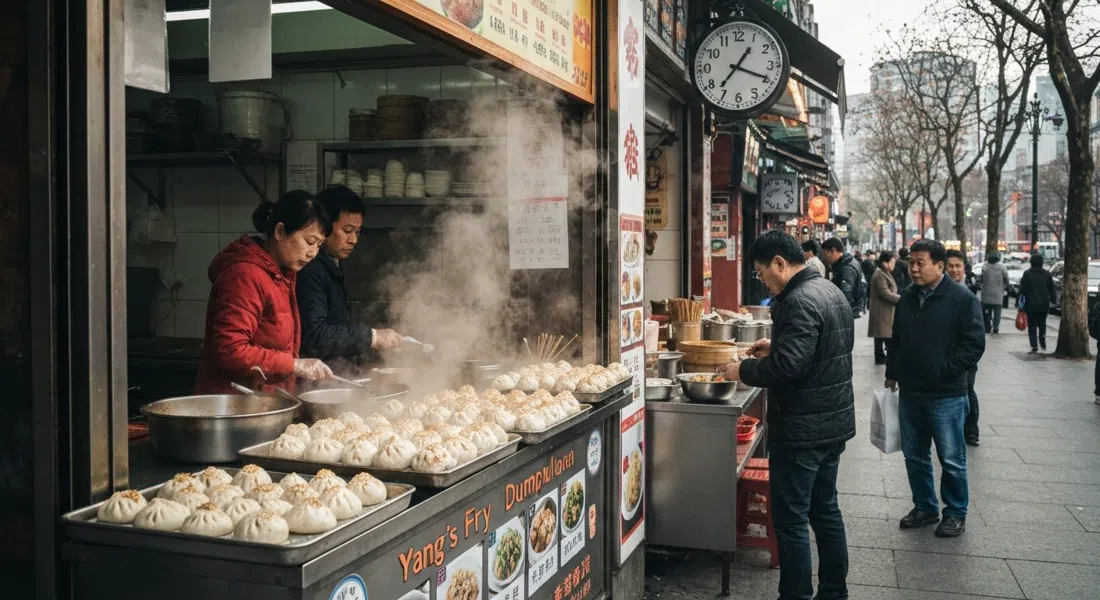 Yang's Fry Dumpling on Wujiang Road, a small street-front counter with trays of sesame-topped shengjianbao and steam rising in the morning light