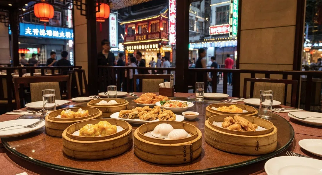 a polished Cantonese dim sum table at Seventh Son on Weihai Road, bamboo baskets and crispy chicken arranged under warm restaurant lighting