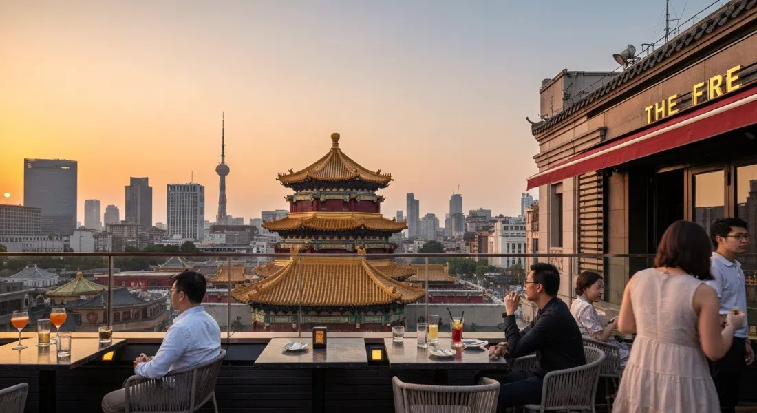 THE FIRE rooftop terrace at Réel Mall at sunset, drinks on tables with Jing'an Temple's gold roofs directly across the street