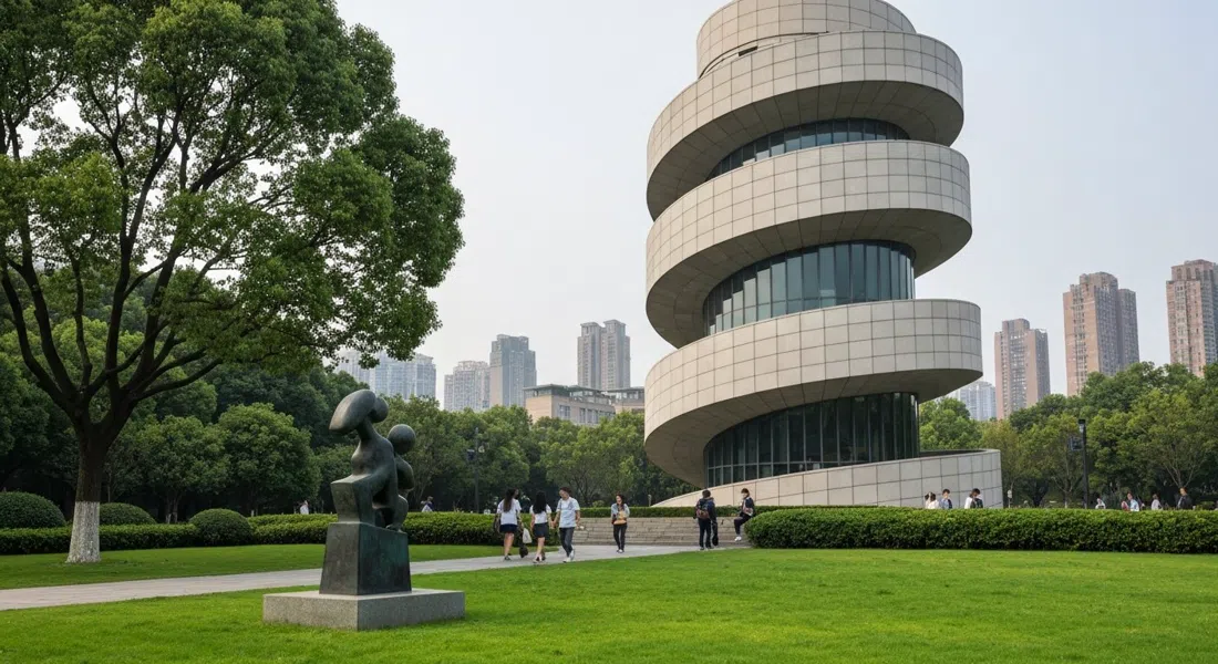 the spiral Shanghai Natural History Museum in Jing'an Sculpture Park, viewed from the lawn with sculpture and trees in the foreground