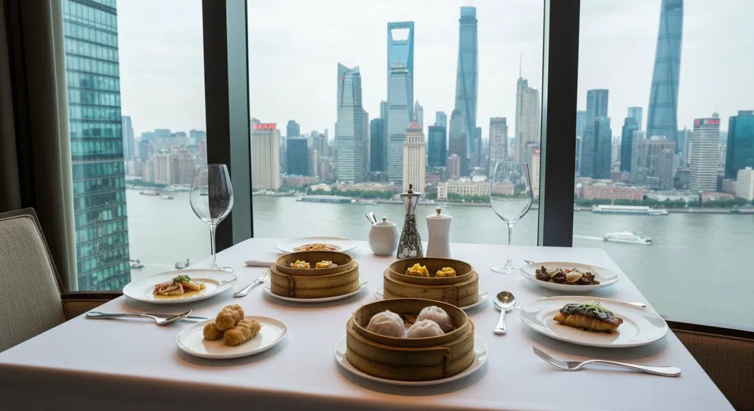 a window-side table at Jin Xuan on the 53rd floor of the Ritz-Carlton Pudong, with dim sum, black cod and the Bund skyline beyond the glass