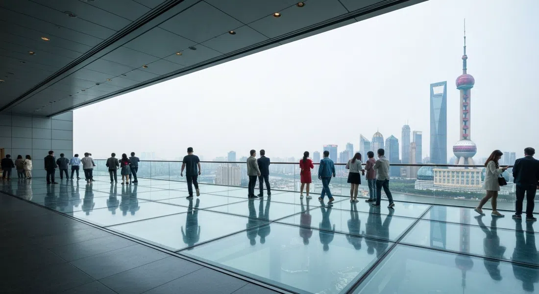 the glass-floored gallery inside the Oriental Pearl Tower with visitors looking down through the transparent floor and the city far below