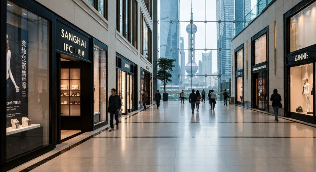 the polished interior of Shanghai IFC Mall with luxury storefronts, bright atrium light and a glimpse of the tower district beyond the glass