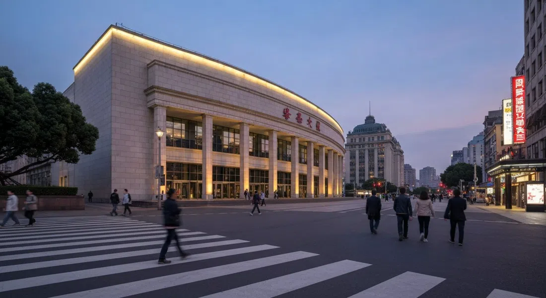 the Shanghai Grand Theatre on People's Square at dusk, its curved modern facade lit against the darkening sky with pedestrians crossing the forecourt