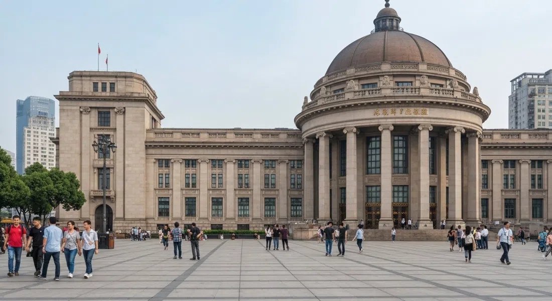 the Shanghai Museum's bronze-dome facade on the south side of People's Square, photographed front-on in daylight with the broad plaza and visitors below
