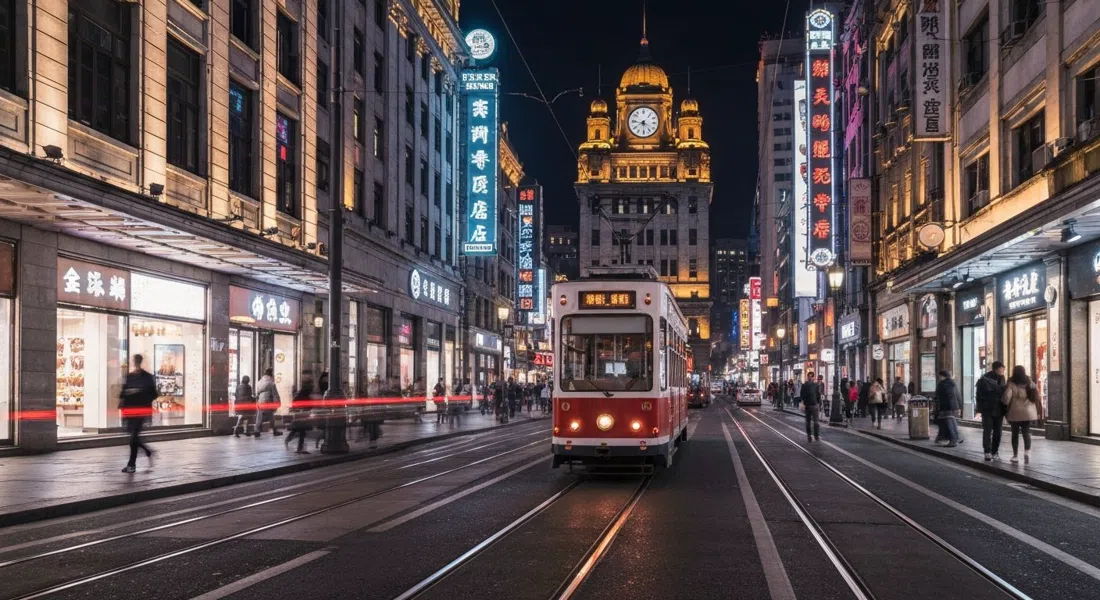 East Nanjing Road at night with neon storefronts, the vintage Dangdang sightseeing tram passing through the pedestrian street toward the Bund