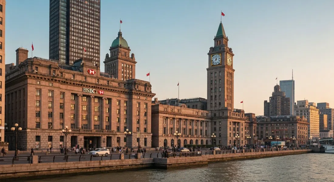 the HSBC Building and Custom House clock tower on the Bund at golden hour, granite facades glowing above the riverside promenade