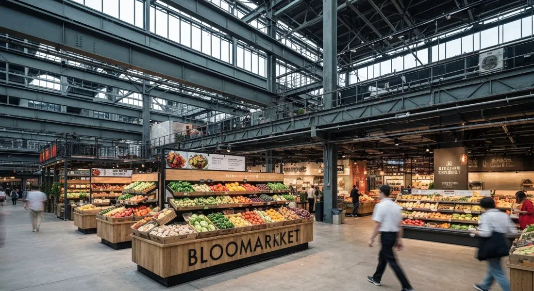 the BLOOMARKET food hall inside GATE M West Bund Dream Center, with produce displays, restaurant seating and the industrial shell of the former cement factory