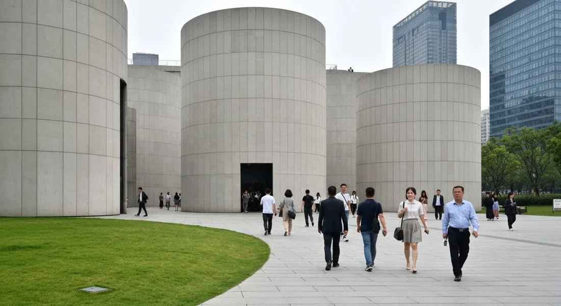 visitors moving between Tank Shanghai’s cylindrical galleries and the adjacent park, with soft daylight on the concrete and grass