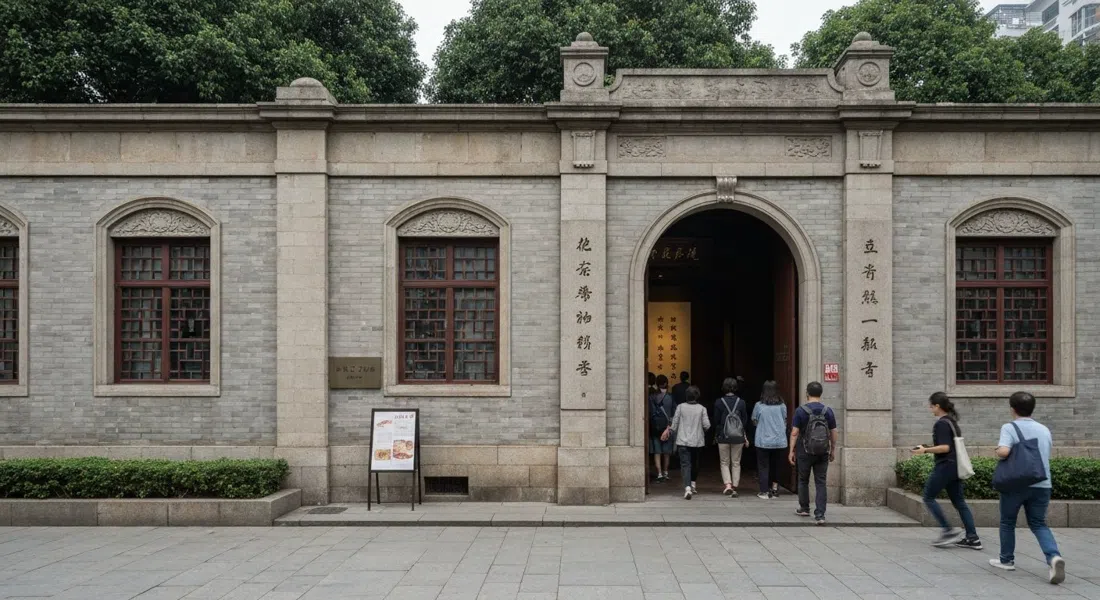 the Site of the First National Congress of the CPC at 76 Xingye Road, preserved shikumen house facade with visitors entering the memorial hall beside it