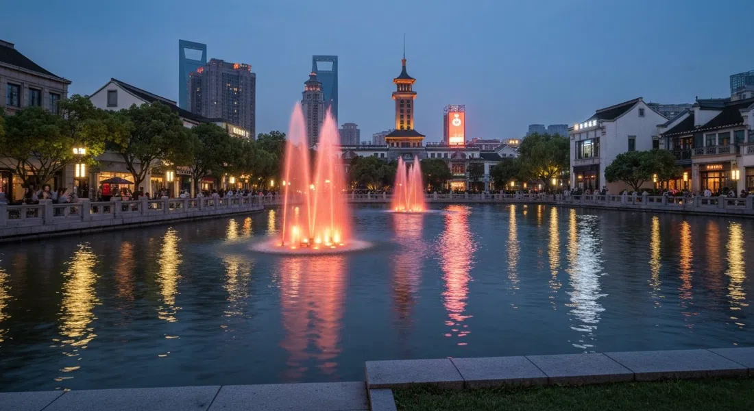 Taipingqiao Park and Taiping Lake at dusk, fountain lights on the water with Xintiandi facades reflected in the lake
