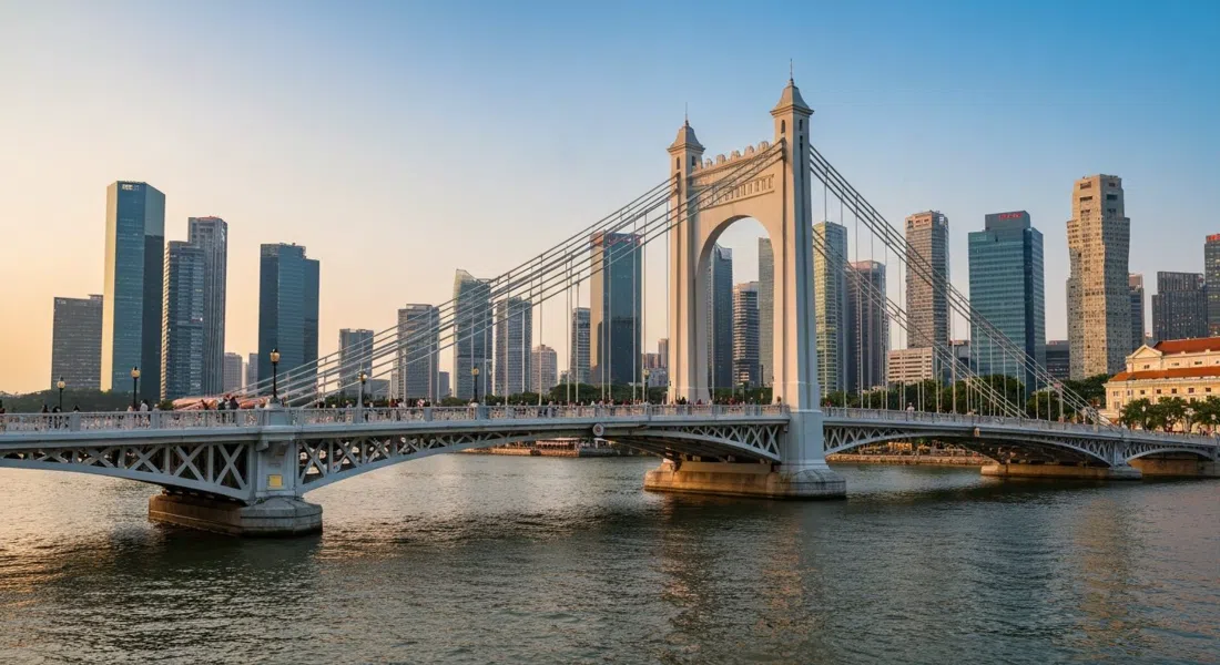 Cavenagh Bridge spanning the Singapore River at golden hour, with the old suspension structure and modern CBD towers beyond