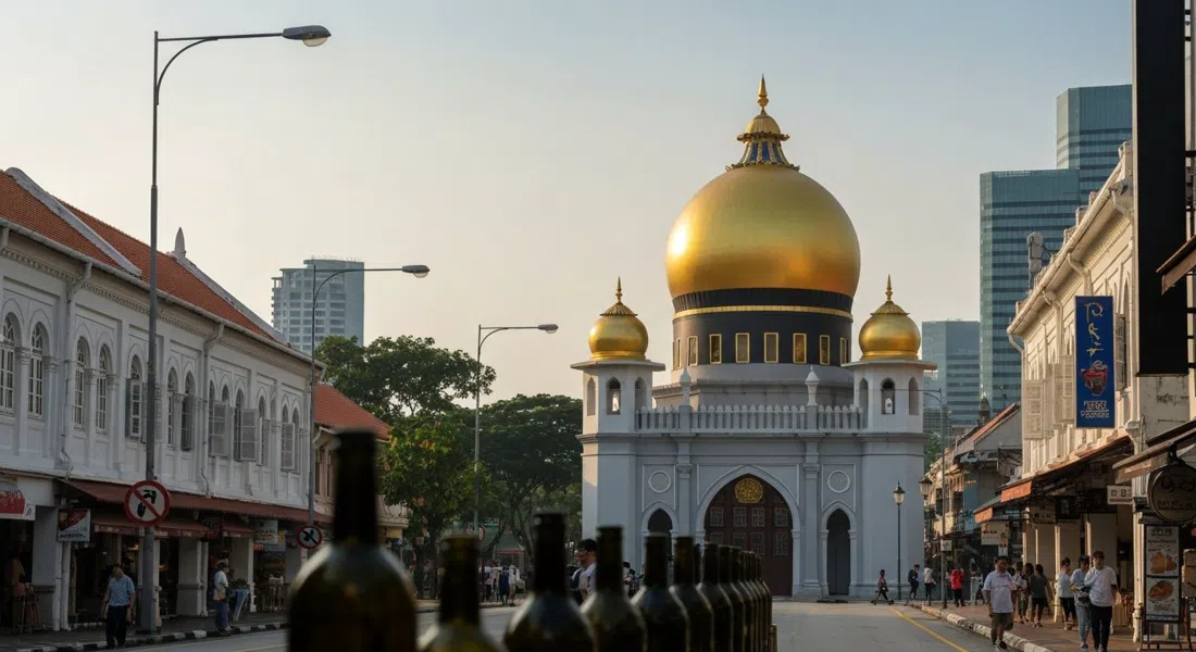 Sultan Mosque’s golden dome rising above Bussorah Street, with the dark glass bottle-ends visible at the dome base in soft morning light