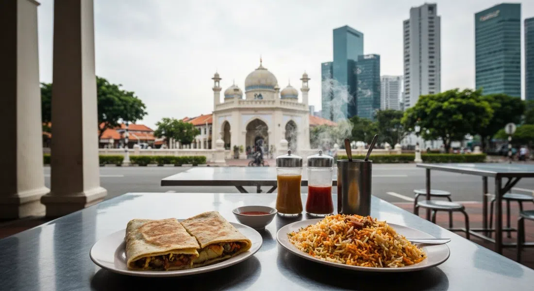a mutton murtabak and biryani set at Zam Zam on a simple metal table opposite Sultan Mosque, steam rising in the afternoon heat
