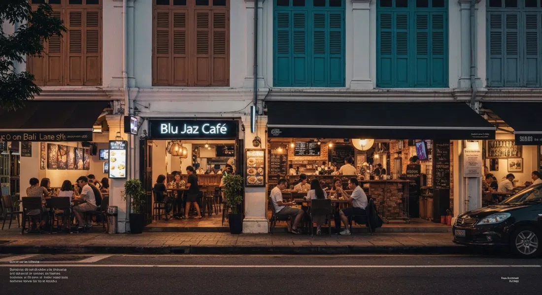 Blu Jaz Cafe on Bali Lane at night, neon glowing over the entrance while live-music spill lights the shophouse facade