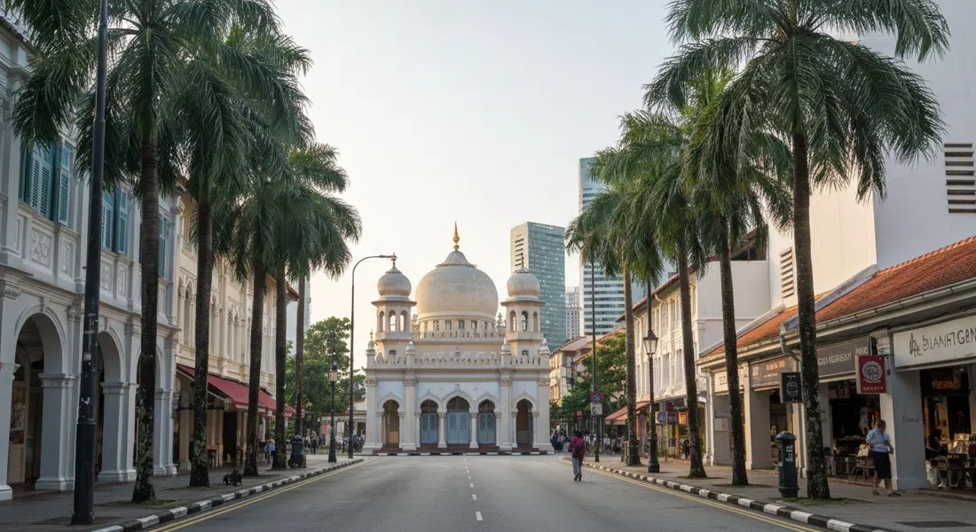 Bussorah Street in early morning, palm trees framing Sultan Mosque and a nearly empty pedestrian lane washed in soft light