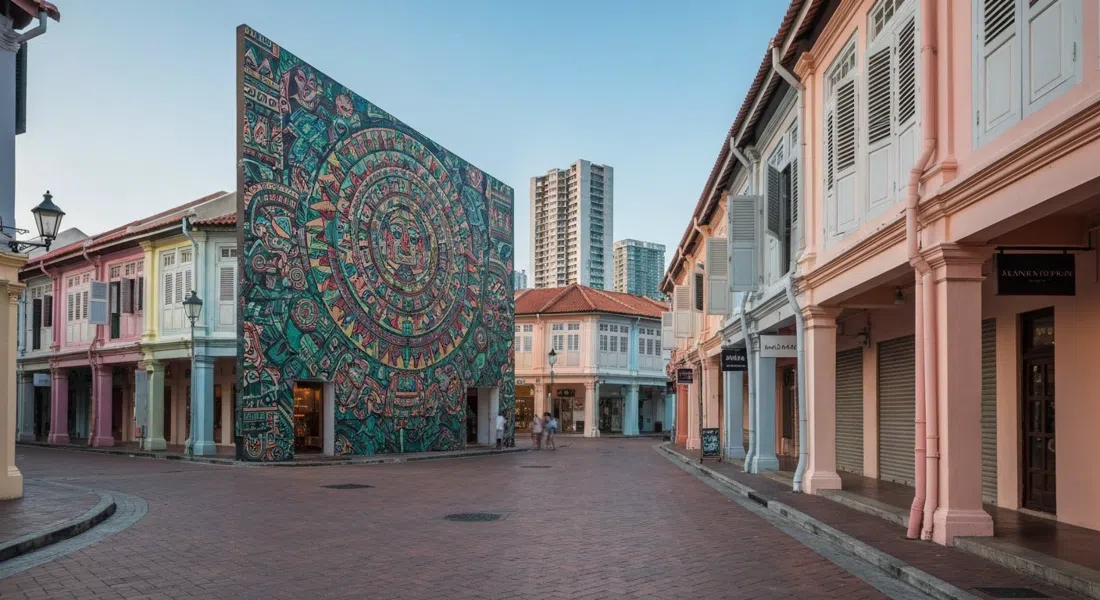 Haji Lane’s pastel shophouses and the Piedra Negra Aztec mural in soft early light, with empty lane paving and closed boutique shutters