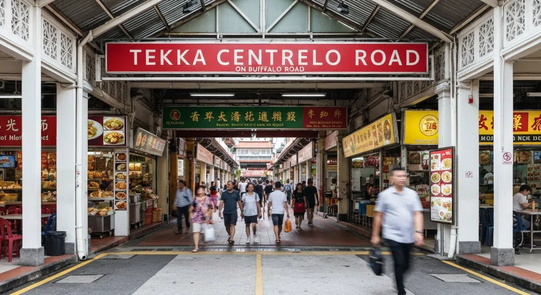 Tekka Centre on Buffalo Road, with the wet market downstairs and the hawker hall above, busy midday light and shoppers moving through the entrance