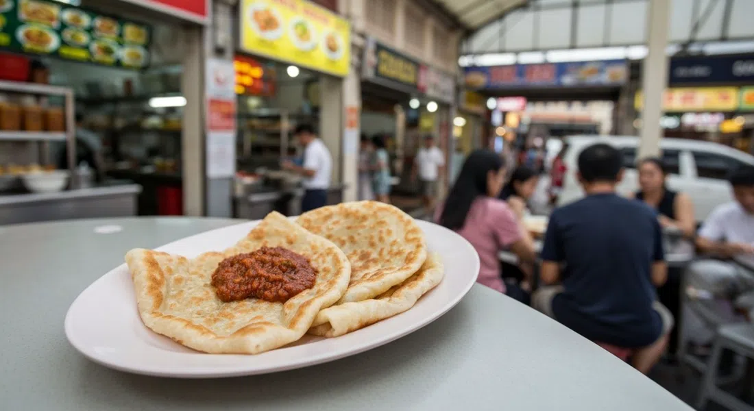 a plate of plain prata with sambal at Prata Saga Sambal Berlada inside Tekka Centre, photographed close-up under bright hawker-hall light
