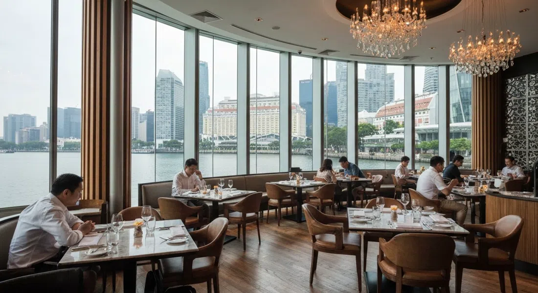 Maison Boulud at The Shoppes, a two-storey waterfront dining room with polished tables and Marina Bay water views through tall glass windows