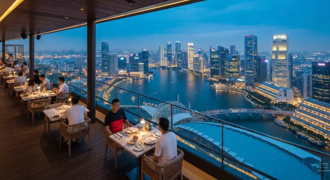 CÉ LA VI SkyBar on the 57th floor of Marina Bay Sands, open-air tables with the full bay skyline spread below at blue hour