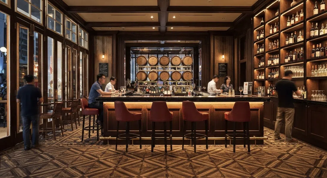 the polished interior of Manhattan at Conrad Singapore Orchard, oak barrels lined behind a Golden-Age New York style bar