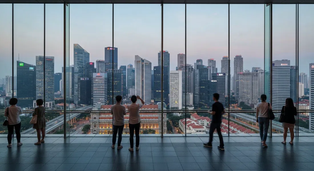 the view from ION Sky high above Orchard Road, city skyline spread out through floor-to-ceiling glass at dusk